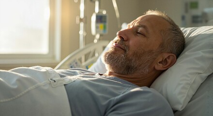 Elderly man resting in hospital bed with IV drip during recovery  