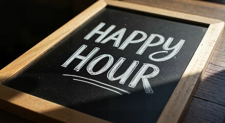 Chalkboard sign displaying happy hour promotion in a cafe  