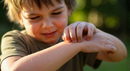Young boy scratching itchy bug bite on arm in outdoor sunlight  