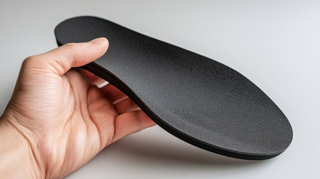 Hand holding a black shoe insole. Orthopedic support for footwear, enhancing comfort and fit. Provides cushioning and arch support for daily use.