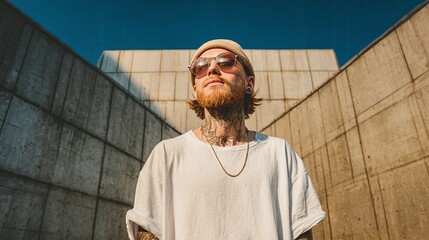 Bearded man with tattoos in urban setting. Stylish, wearing beanie & sunglasses against concrete walls, bright skies. Trendy, confident look.