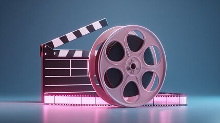 Film industry essentials: clapperboard and reel, symbolizing filmmaking and cinematic creativity on a vibrant, eye-catching stage. Captivating storytelling.