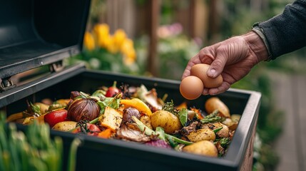 Organic waste recycling: a hand adds eggs to a compost bin filled with discarded food scraps like vegetables, onion and potatoes, promoting sustainability.