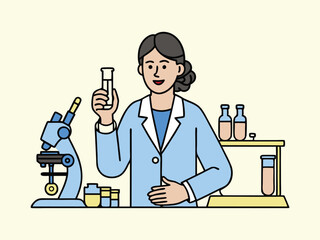 A female scientist with test tubes and a microscope