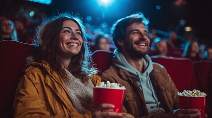 Movie night: A couple enjoys a film with popcorn in a crowded theater, sharing smiles and moments together under the bright screen's glow. Pure cinematic joy.