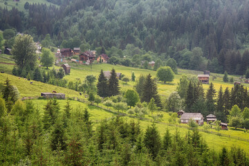 Landscape of the Carpathian village against the background of green trees and mountains