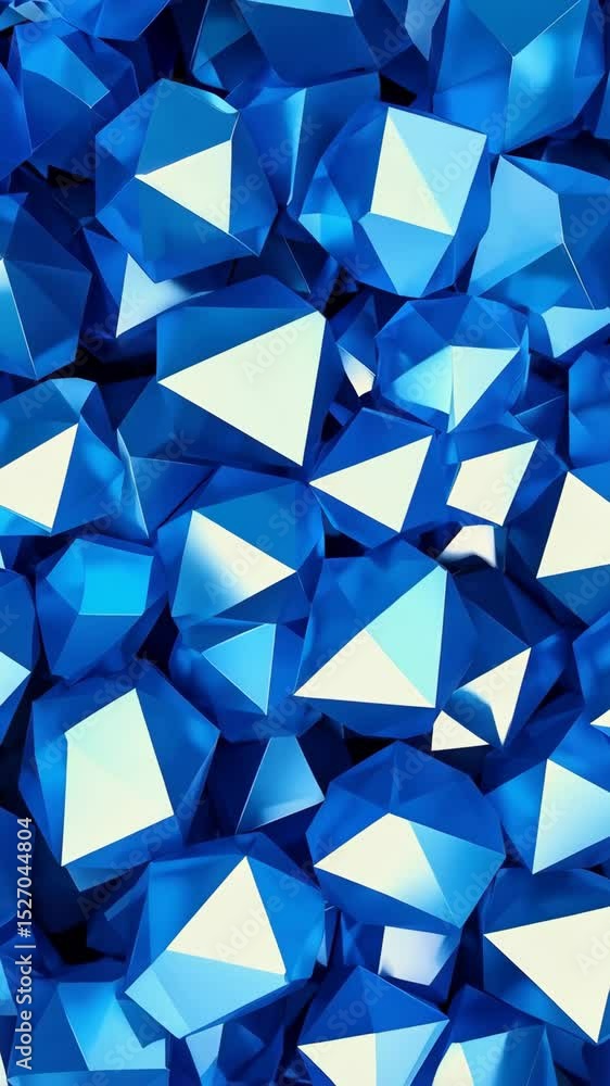 Poster a cluster of abstract polygonal shapes in shades of blue with white triangular insets creating a com