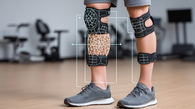 Patient using an adjustable leg brace post ACL repair in Post surgical rehabilitation with a crosshatch overlay showing graft integration in the knee