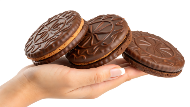 Delicious chocolate sandwich cookies hand isolated on a white background png ai generated - Powered by Adobe
