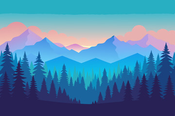 Sunrise illuminates the majestic mountain landscape, with mist and clouds clinging to pine trees in the morning sky