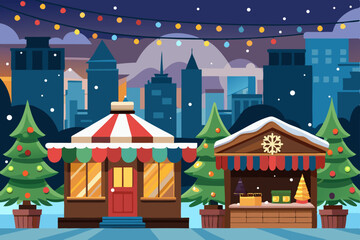 Santa Claus flies across the snowy, festive Christmas town at night, delivering holiday cheer to each house