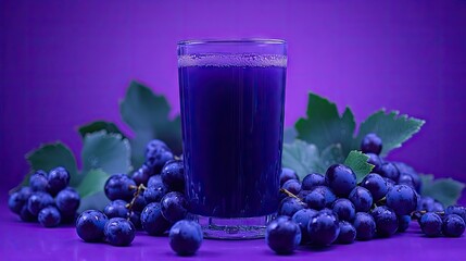 Purple grape juice in a glass with fresh grapes.