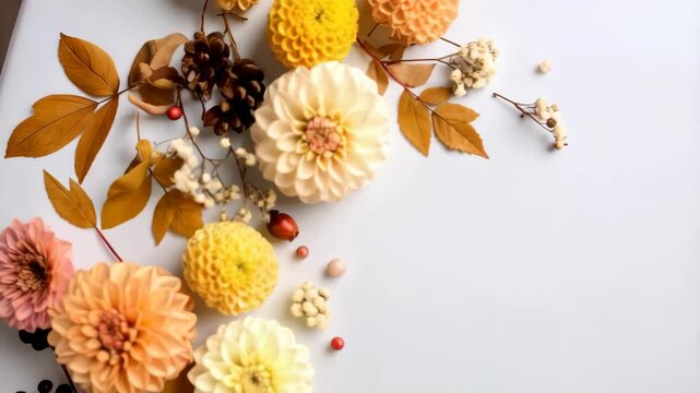 Autumnal floral flat lay with dahlias, pine cones and berries on a soft white background forming an artistic border
