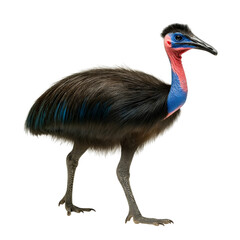 Obraz premium Side view of a cassowary walking confidently through the rainforest isolated on a white solid background, detailed wildlife portrait showcasing vibrant colors, strong legs, and natural posture