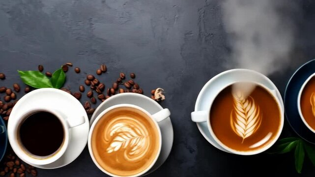 Overhead shot of diverse coffee cups with latte art and beans arranged on dark textured surface, caffeine beverages and backgrounds.