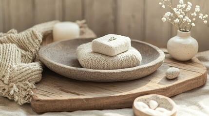 Knitted soap bars in a rustic bowl.