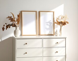 White dresser with framed prints and dried flowers