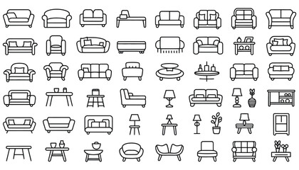 A vector icon set illustrating various symbols for business, home, food, and furniture for web design