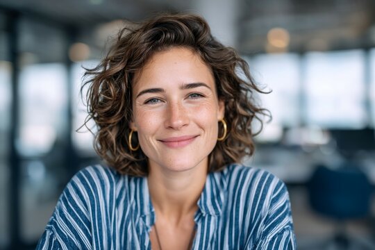 Smiling young caucasian female in striped shirt at office setting