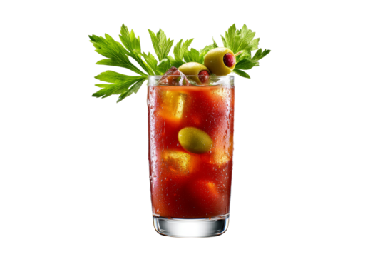 A glass of red drink with a garnish of olives and parsley