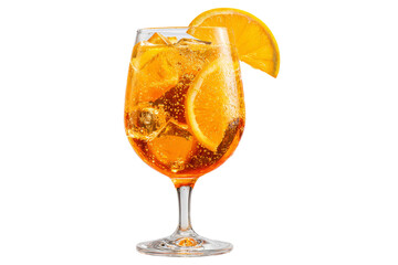 A glass of orange juice with ice cubes and a slice of orange on top