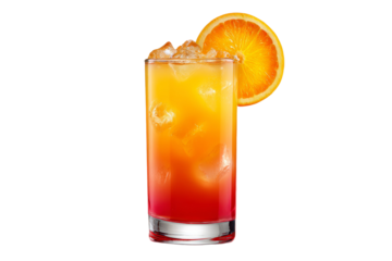 A glass of orange juice with ice cubes and a slice of orange on top