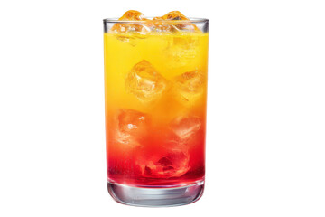 A glass of orange juice with ice cubes in it