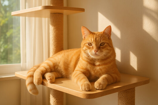 Ginger cat lounging on a wooden cat tree, basking in warm sunlight.