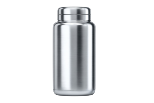 A silver container with a lid sits on a white background - Powered by Adobe