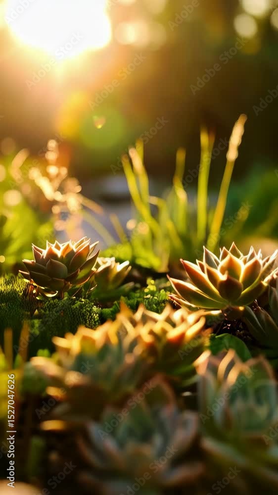 Poster close-up of vibrant succulent plants in a garden setting with warm sunlight creating a tranquil and 