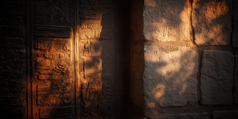 Ancient stone carvings illuminated by sunlight in a historic temple setting