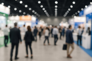 Business professionals networking at a large, vibrant trade show event.