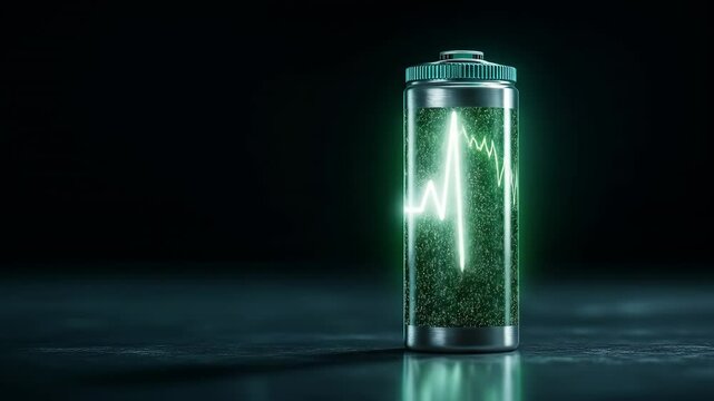 2.5D Sci-Fi Battery with Blue Liquid and Glowing Energy Waveform