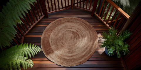Natural fibers woven into a circular rug on a wooden deck surrounded by greenery
