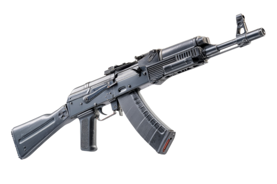 A black AK-47 rifle with a red dot on the butt