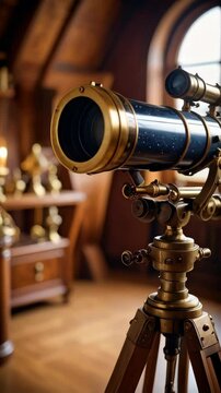 Antique refractor telescope with brass fittings and wooden tripod stands indoors, creating a vintage observatory aesthetic for celestial observation