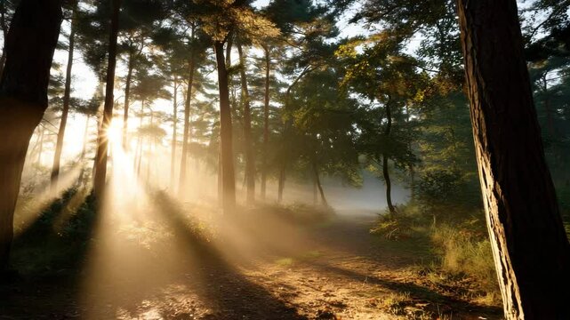 Beautiful sunlight shining through the trees in an English forest, with mist rising from the ground and sun rays breaking through the foliage, illuminating the path. A tranquil scene with pine trees