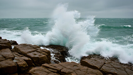  Crashing waves on rocky shore under dramatic cloudy sky, powerful ocean scenery