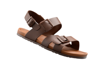 A brown sandal with a strap and buckle