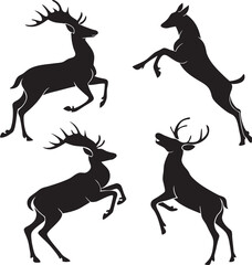Stylized Black Deer Silhouettes in Various Poses on White Background – Standing, Leaping, Rearing, and Profile Views with Antlers, silhouettes of deer