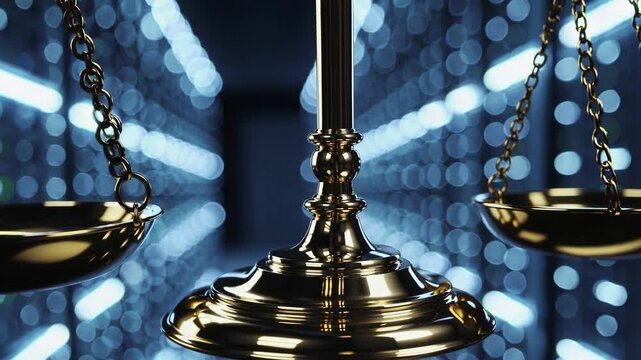 Law scales on background of data center. Digital law concept of duality of Judiciary
