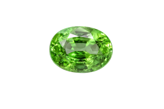 A green gemstone sits on a white background