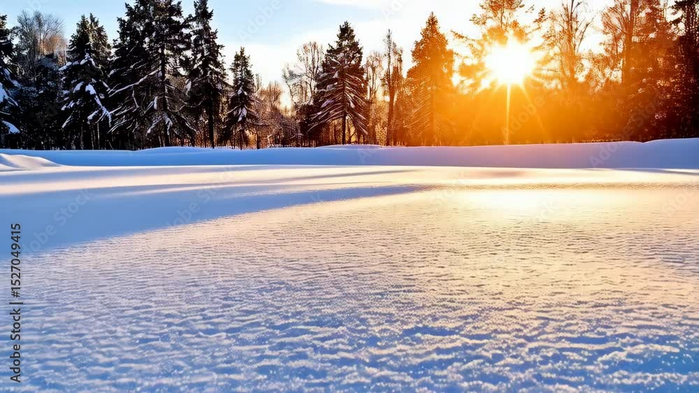 Poster Sunlight bathes a snow covered field with evergreens in background on a bright day creating long shadows.