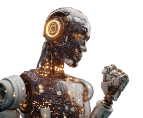 Close up of a detailed robot with glowing circuits and a clenched fist against a black background