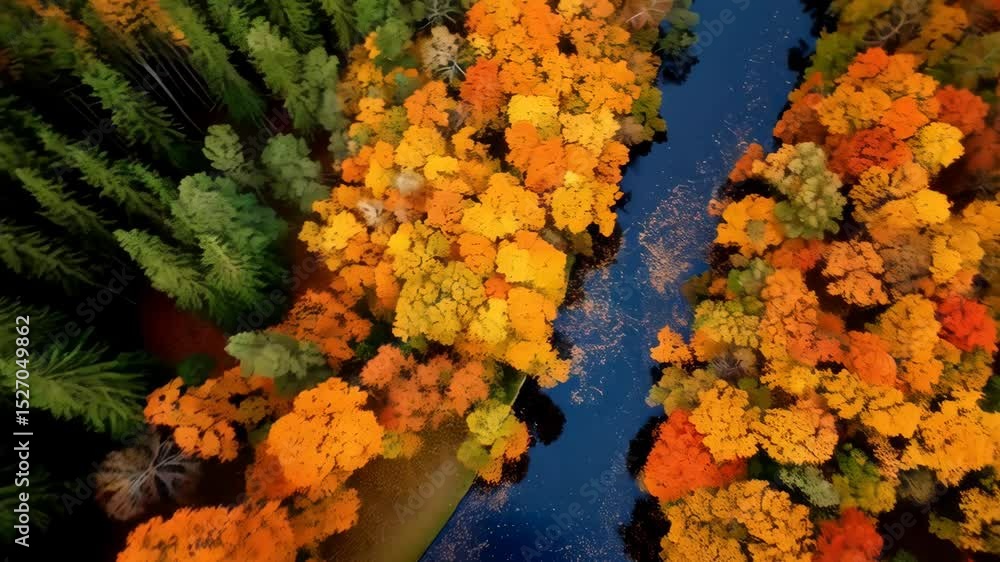Poster aerial view of a river flowing through an autumnal forest with trees displaying vibrant colors like 