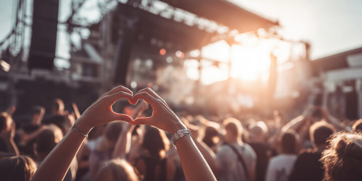 Crowd enjoys outdoor concert while showing love with heart gestures at sunset