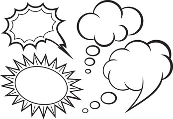 Comic-Style Set of Four Black-Outlined Speech and Thought Bubbles Including Jagged, Rounded, and Star-Shaped Designs on White Background, comic book explosion