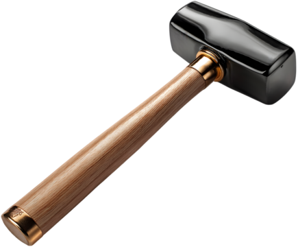 A close up of a sledgehammer with a wooden handle and a black metal head on a black background