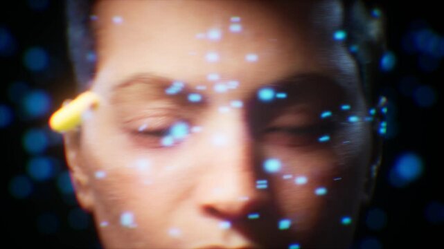 Disease transmission concept - woman's face with giant floating pathogens in environmental air.