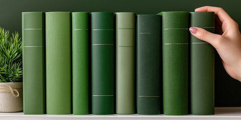 Arranging green books on a white shelf with manicured nails